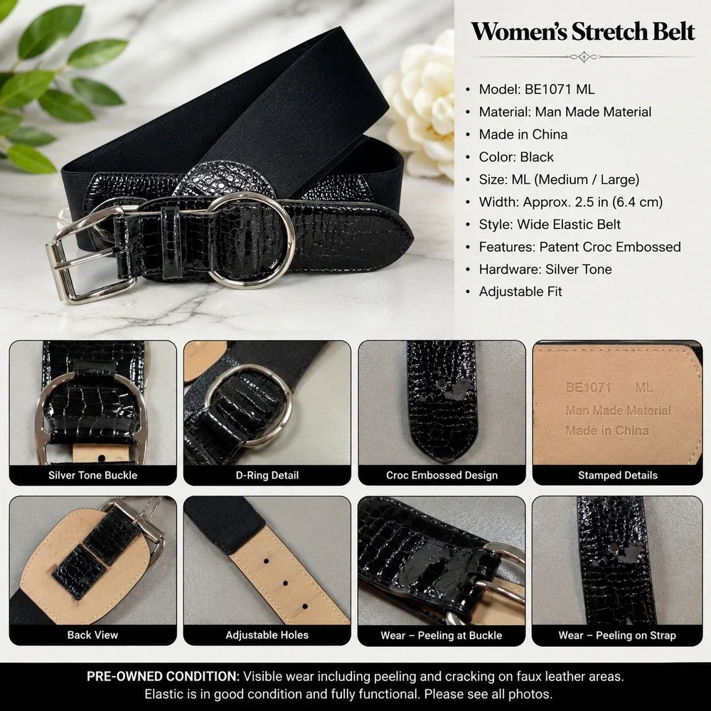 Black Croc Embossed Wide Elastic Waist Belt Silver Buckle BE1071‎ ML